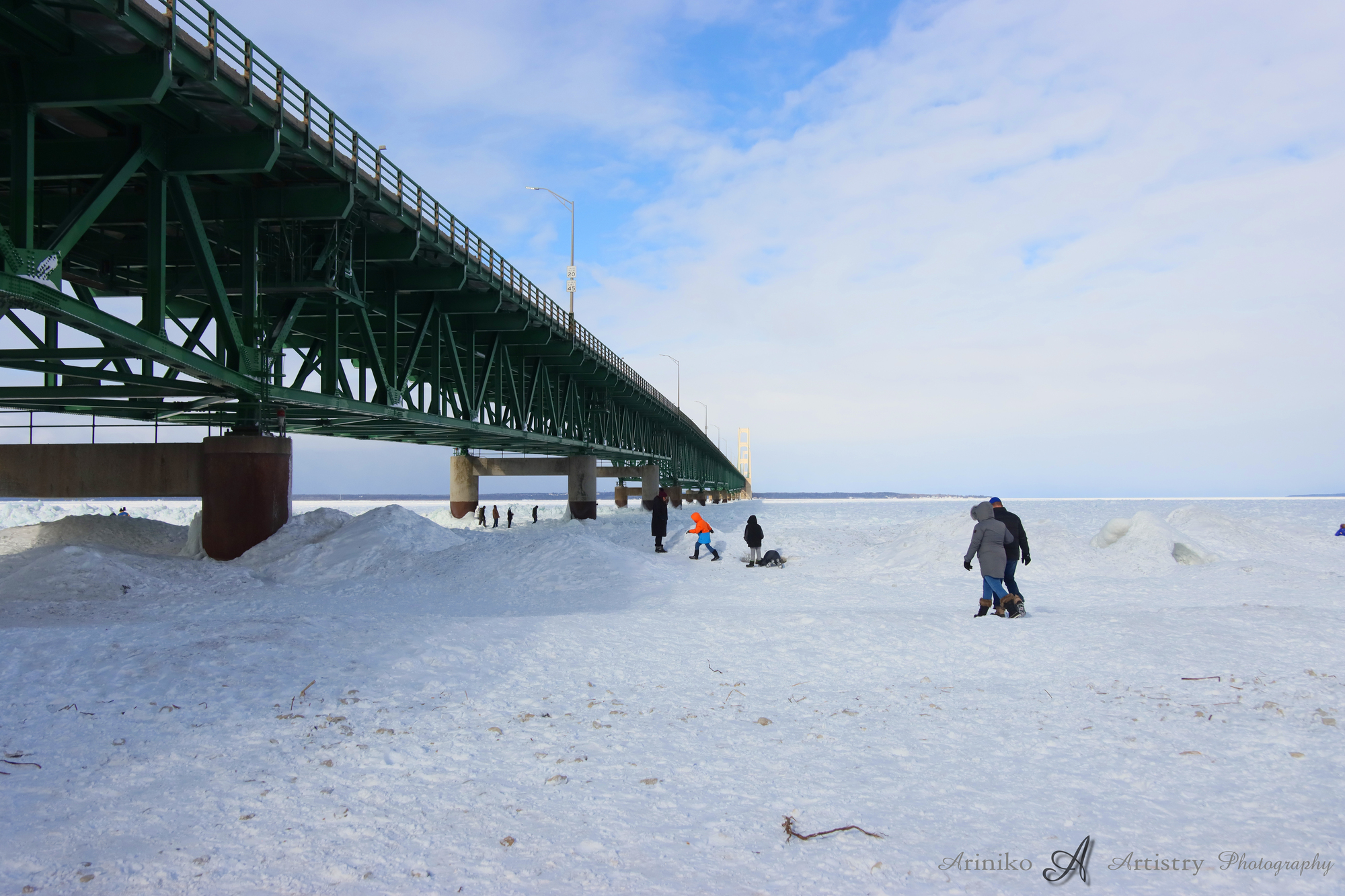 Mackinac Bridge with Blue ice on the Straits of Mackinac