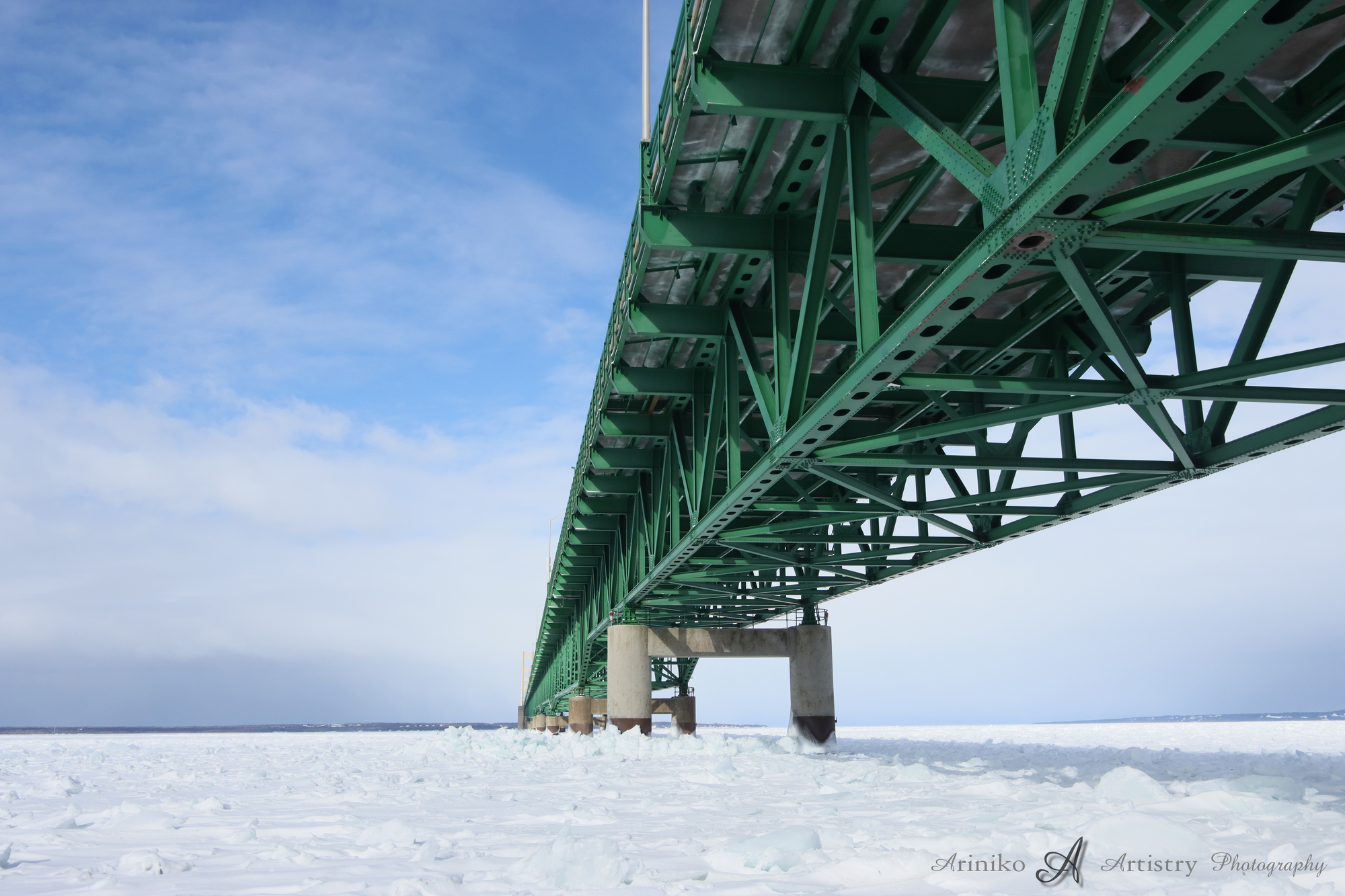 Mackinac Bridge with Blue ice on the Straits of Mackinac