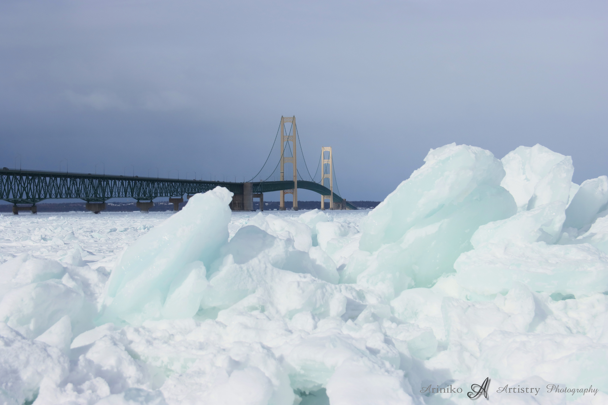 Mackinac Bridge with Blue ice on the Straits of Mackinac