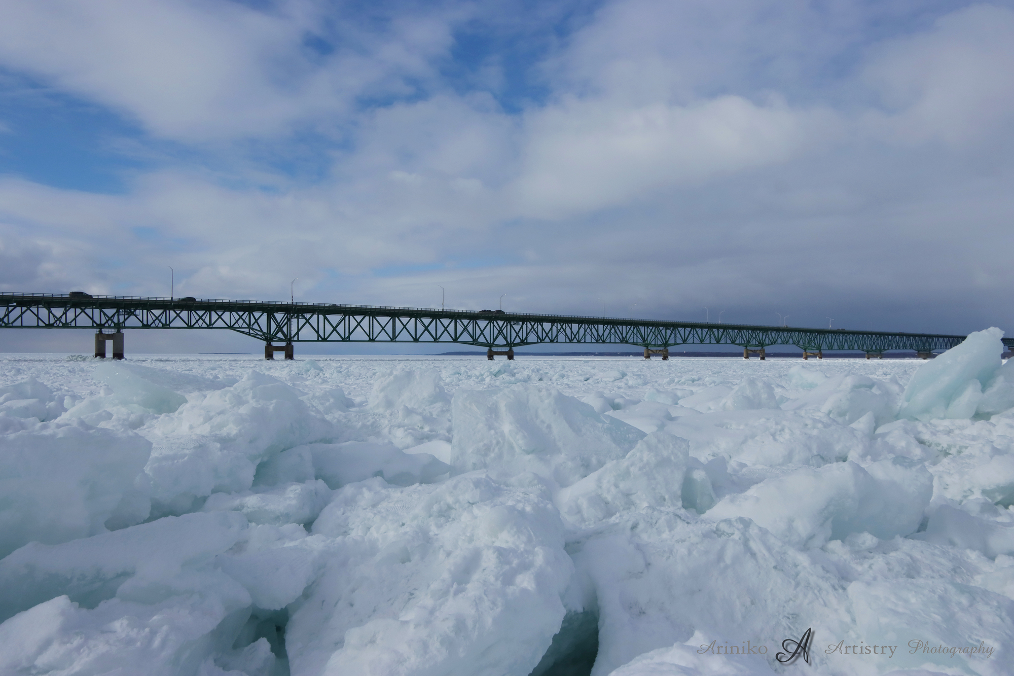 Mackinac Bridge with Blue ice on the Straits of Mackinac