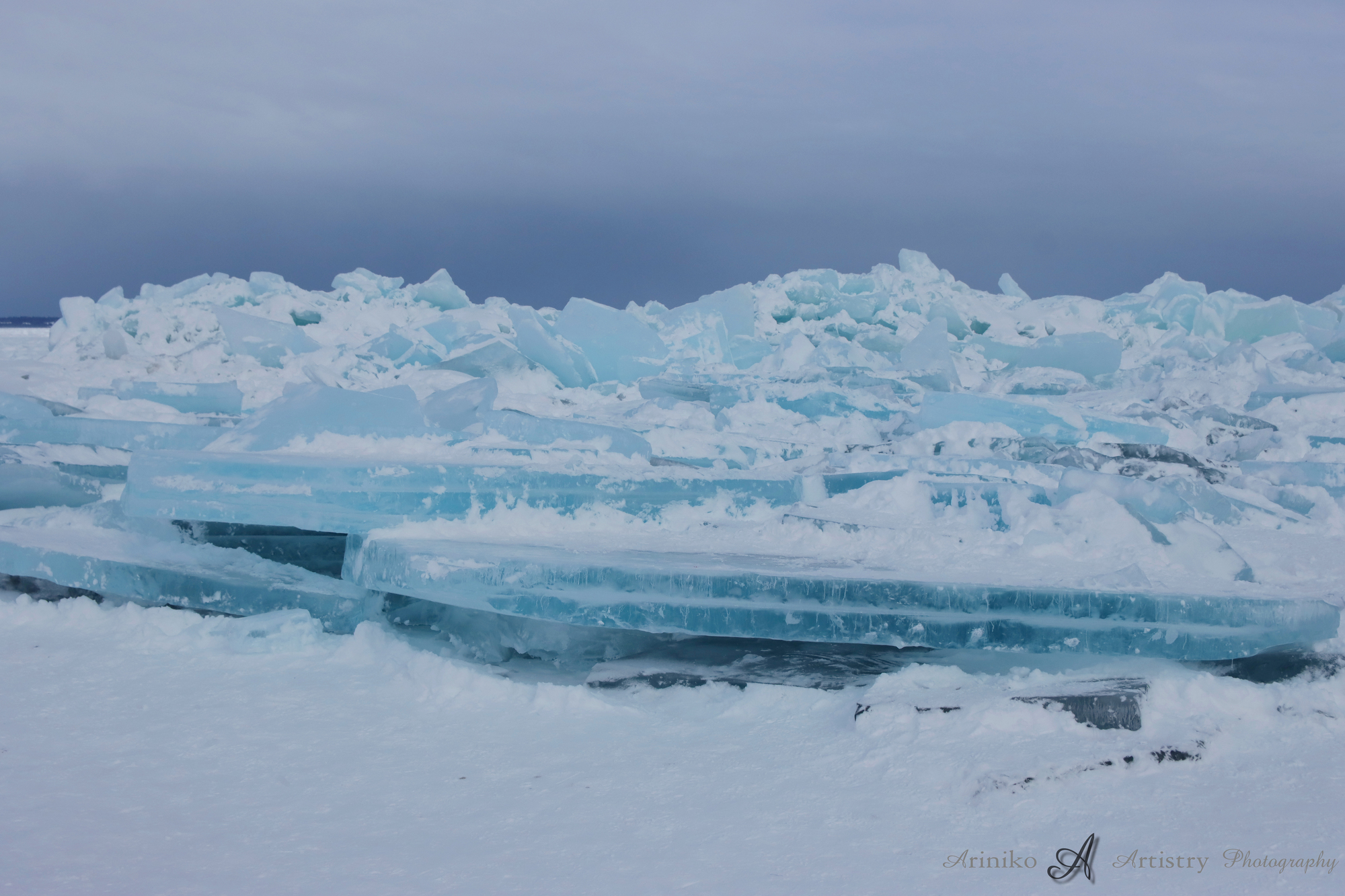 Mackinac Bridge with Blue ice on the Straits of Mackinac