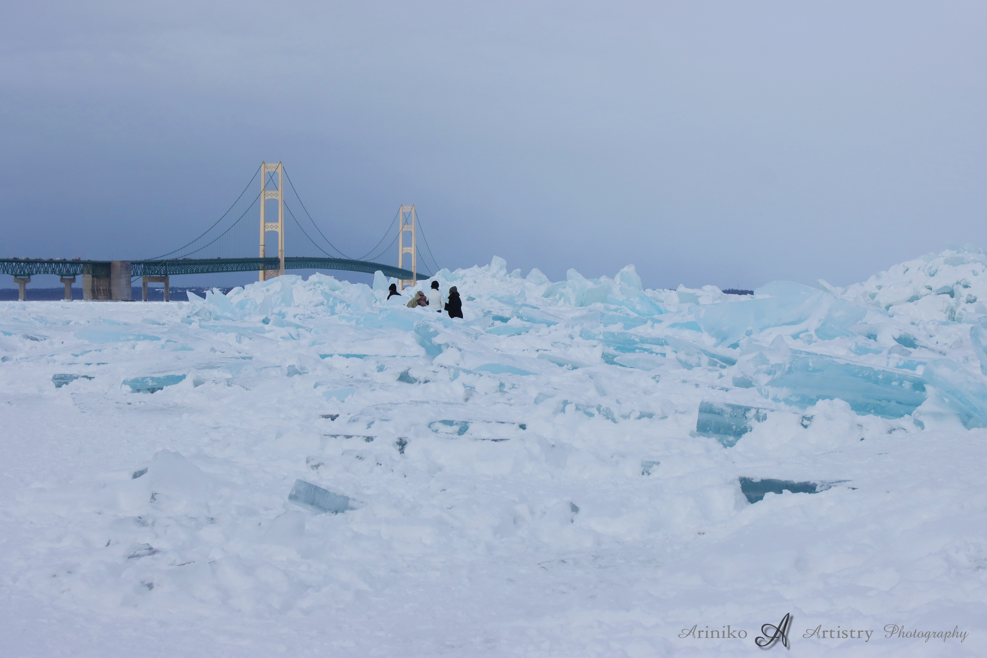 Mackinac Bridge with Blue ice on the Straits of Mackinac