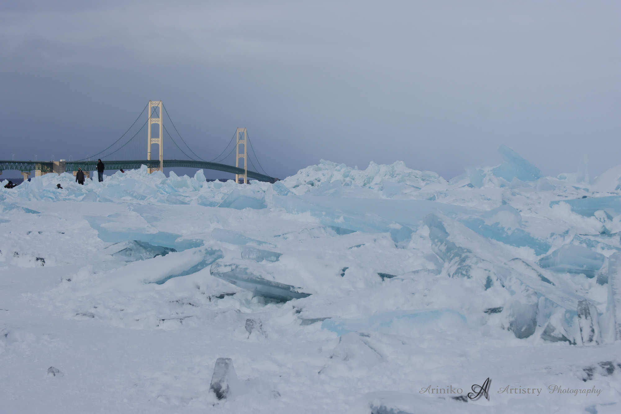 Mackinac Bridge with Blue ice on the Straits of Mackinac