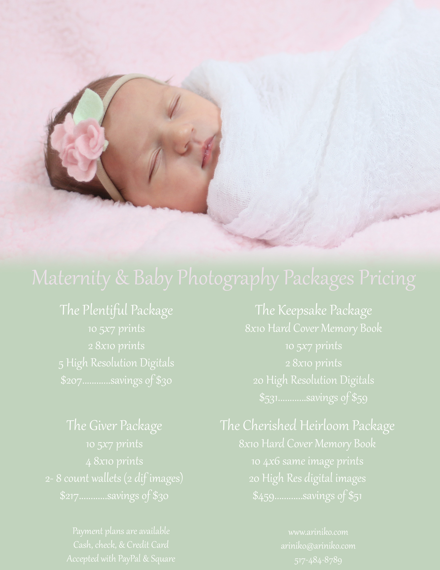 Newborn & Maternity Photography Packages Guide. A newborn baby girl is wrapped in lacy soft pink gauze on a pink fuzzy blanket. 