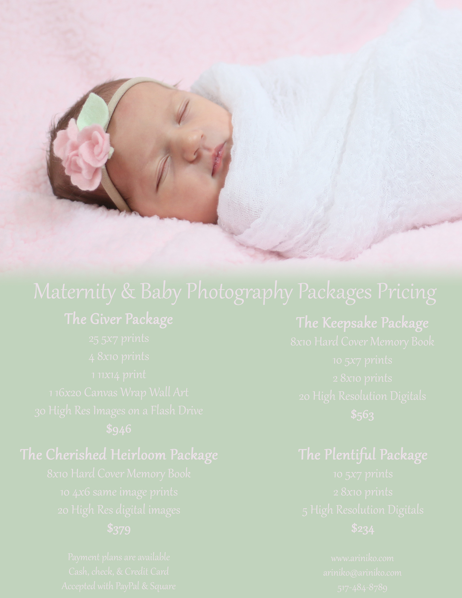Newborn & Maternity Photography Packages Guide. A newborn baby girl is wrapped in lacy soft pink gauze on a pink fuzzy blanket. 