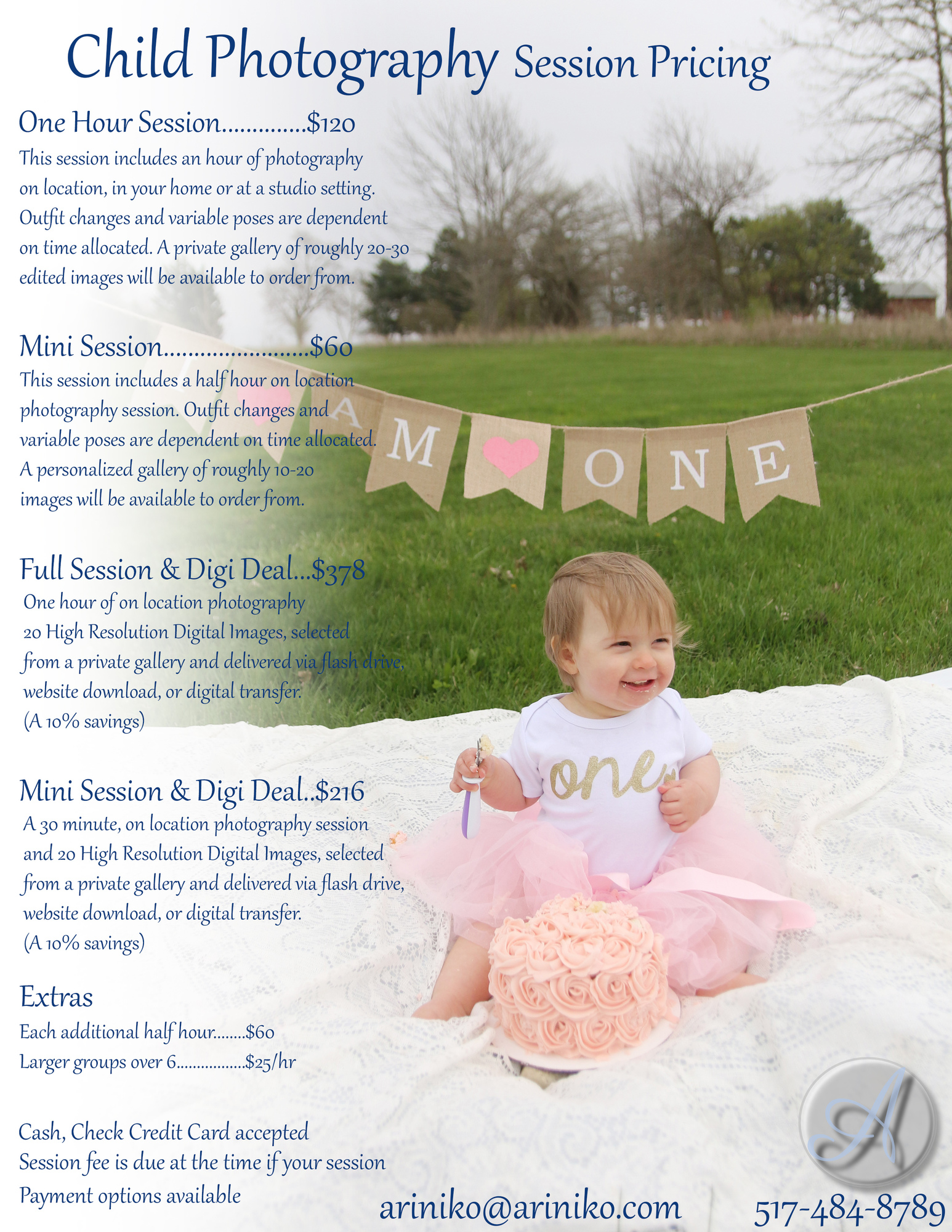 Child Photography Pricing Guide. A one year old girl sits on a blanket in the yard with a pink birthday cake and a banner that r