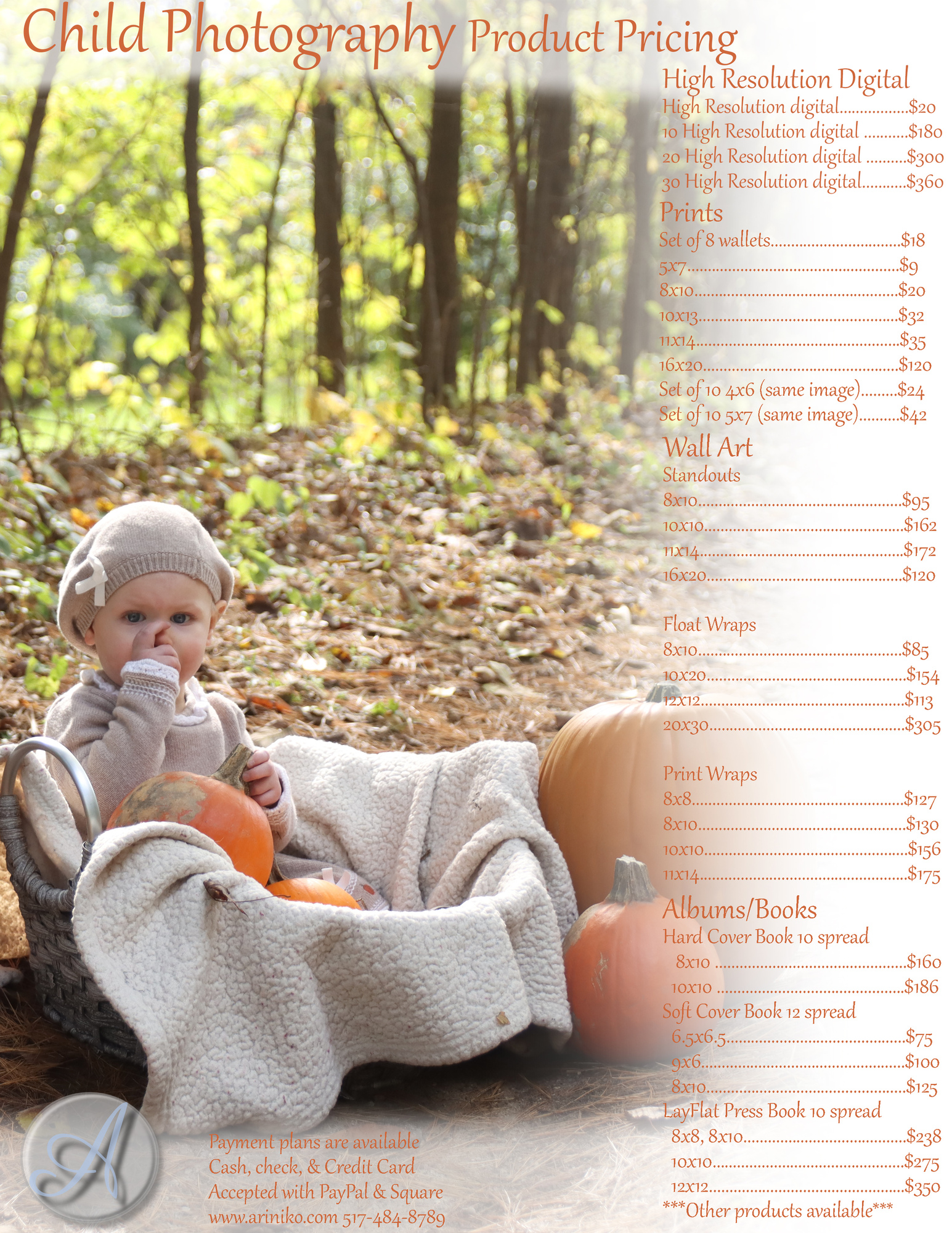 Child Photography Product Pricing Guide. A little girl in a beige hat and sweater dress sits in a basket surrounded by pumpkins 