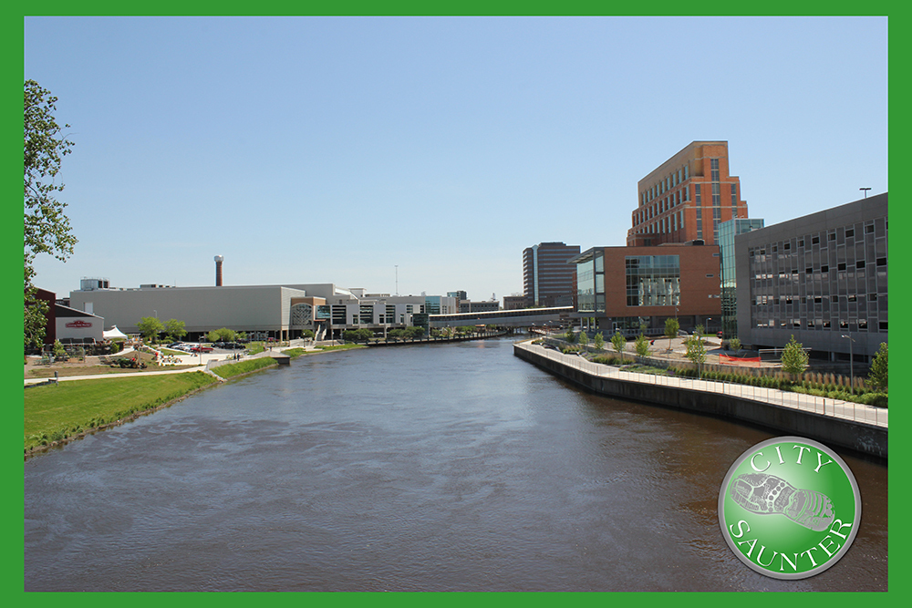 Looking into downtown Lansing from the Shiawassee Street Bridge