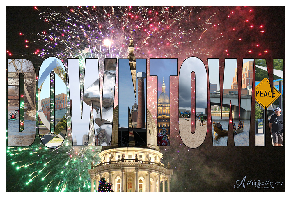 The Michigan State Capitol with fireworks bursting around it wit the words DOWNTOWN over the top of it