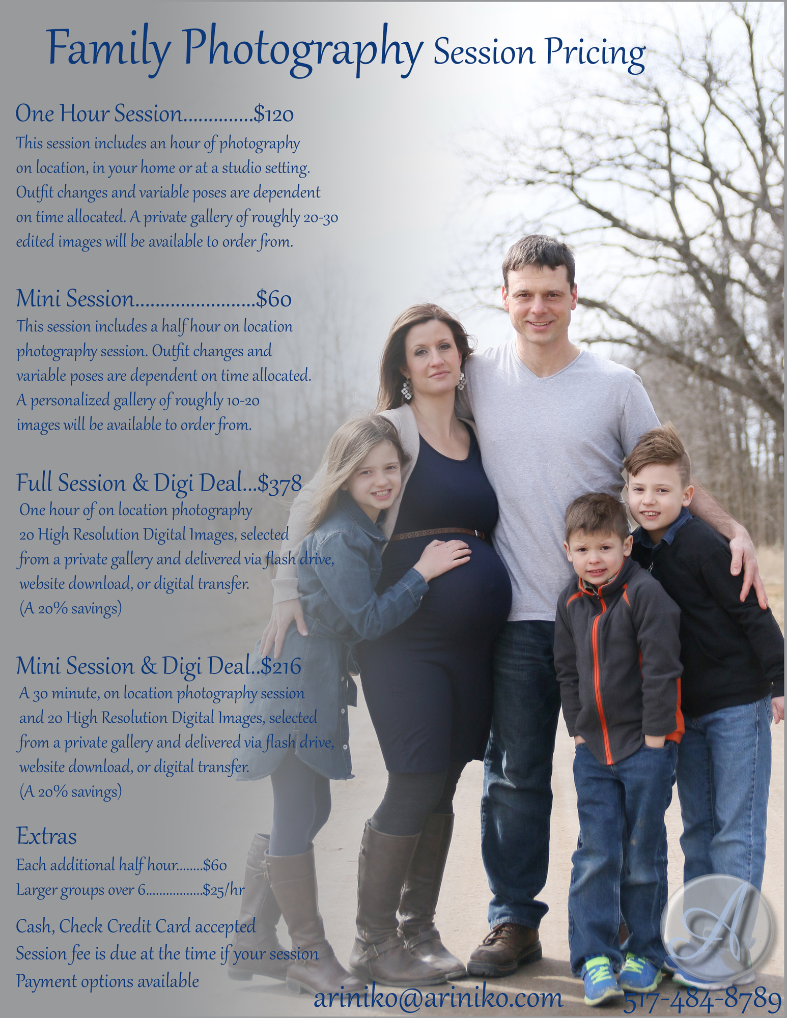 Pricing guide for Family portrait sessions. A family of four and expecting their fifth child, standing in the dirt road. They ar