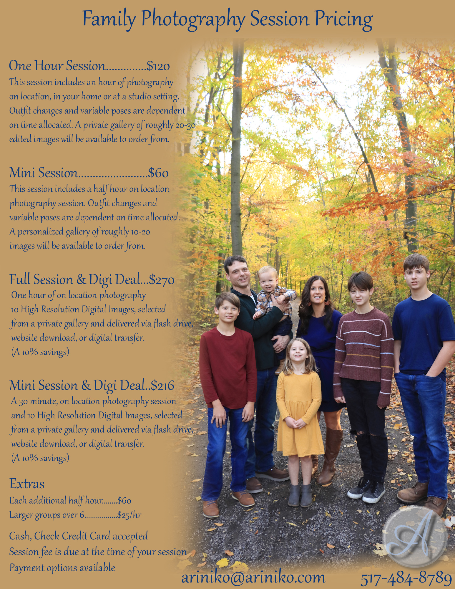 Pricing guide for Family portrait sessions. A family of four and expecting their fifth child, standing in the dirt road. They ar