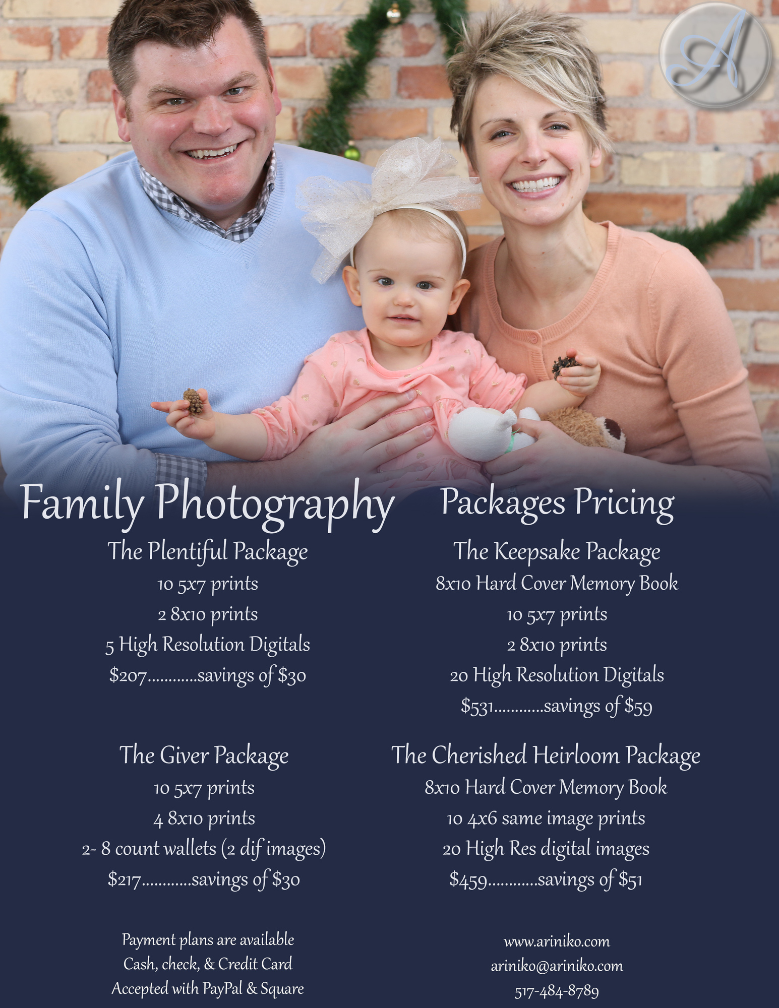 Pricing guide for Family portrait sessions packages. A dad wearing a light blue sweater and a mom wearing a peach shirt cuddle t