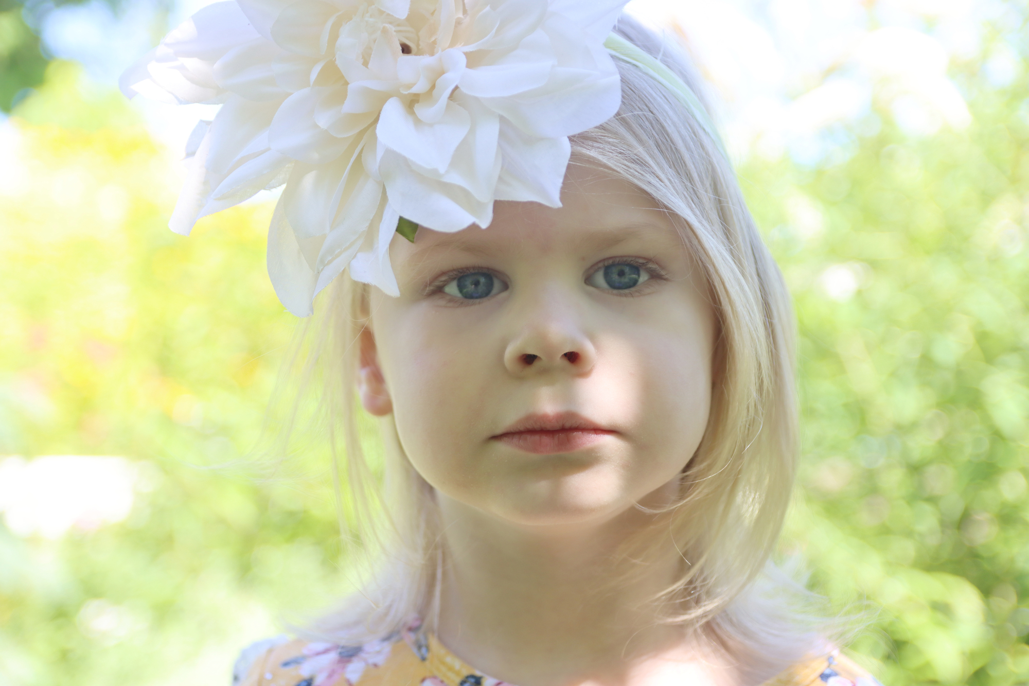 yound girl with blonde hair and large cream colored flower in her hair