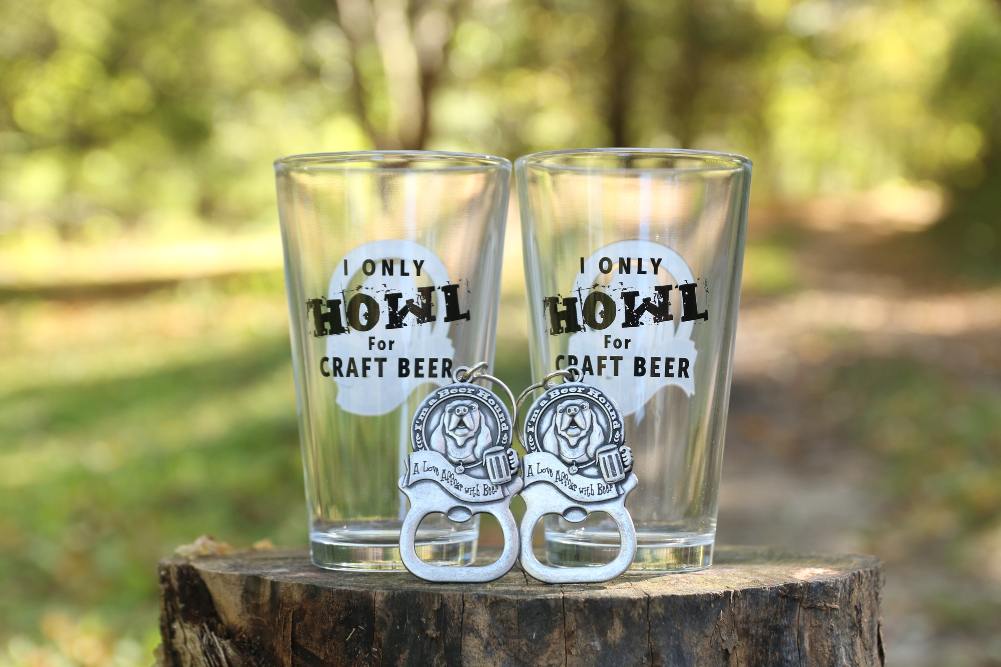 Beer mugs on a stump outside