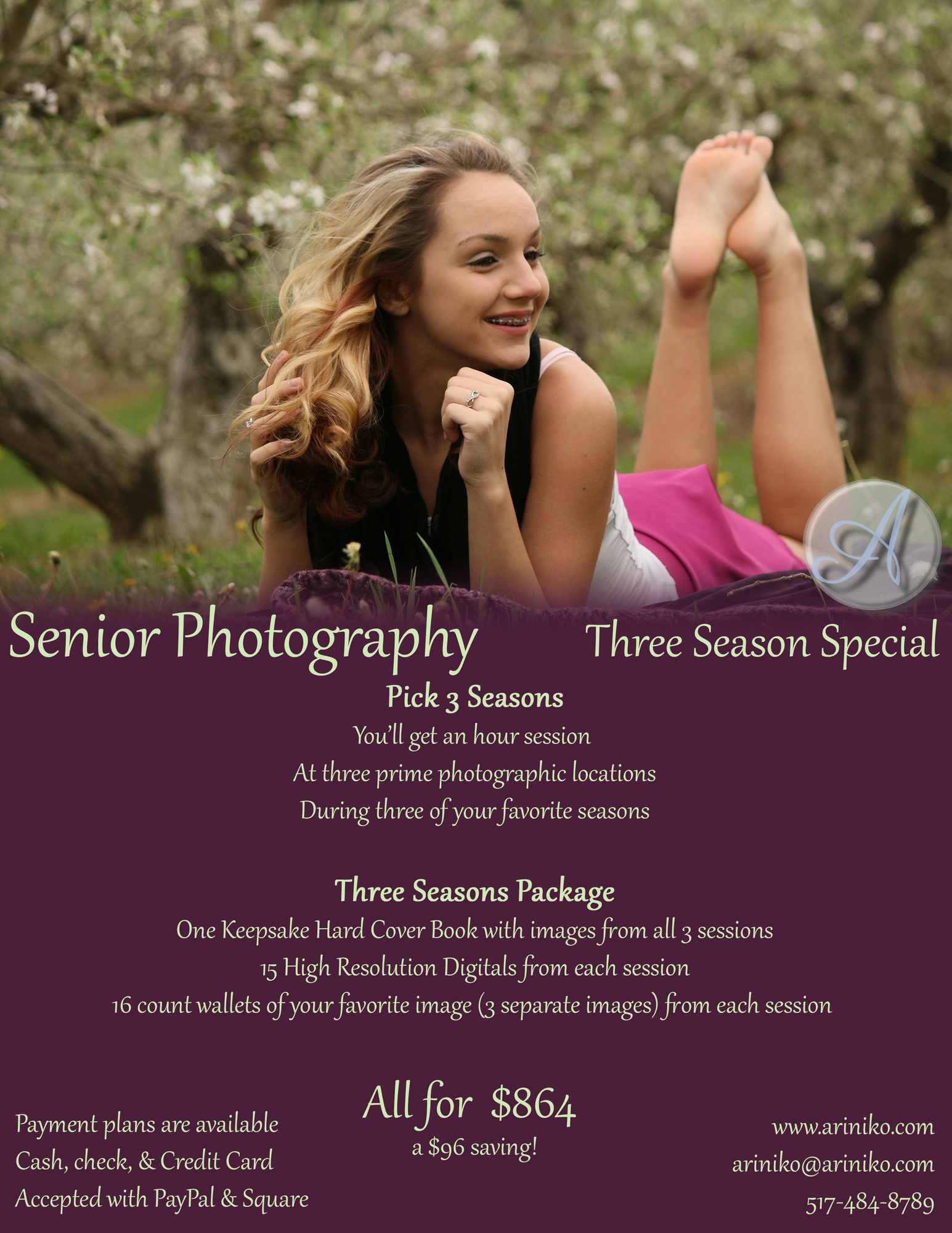 Senior Portraits Three-Season Guide has a young blonde woman lying on the ground under spring apple trees. The blossoms are just