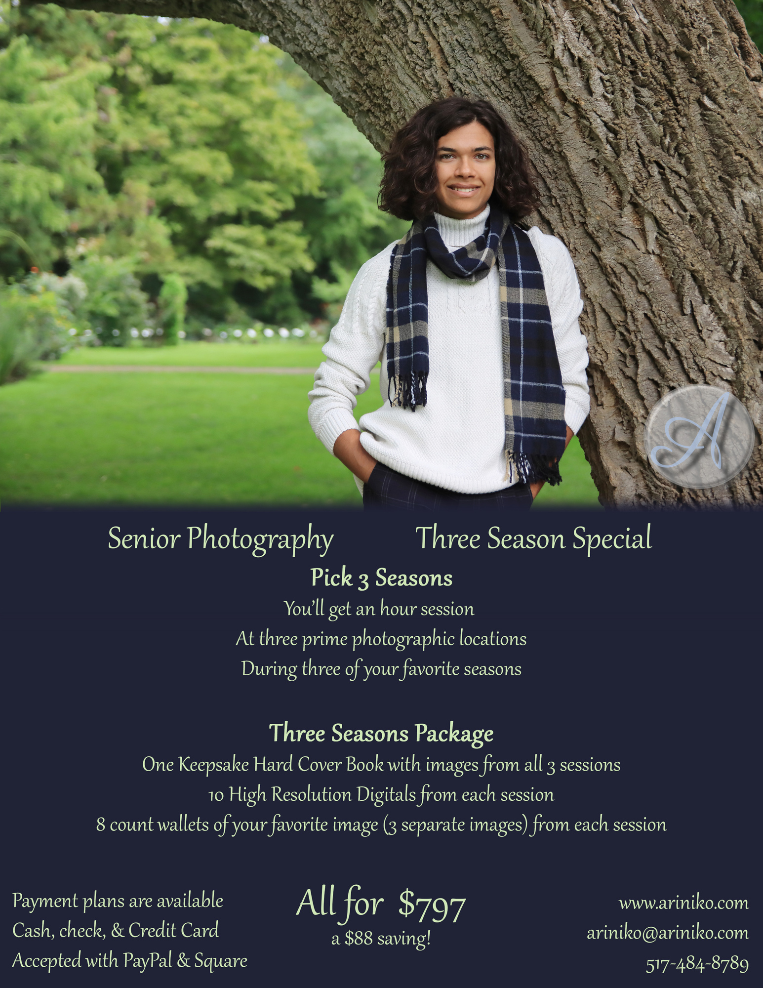 Senior Portraits Three-Season Guide has a young person wearing a white sweater with a blue scarf. They are leaning against an ol