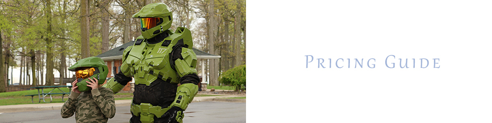 Master Chief from Halo stands next to a young boy with a green helmet on
