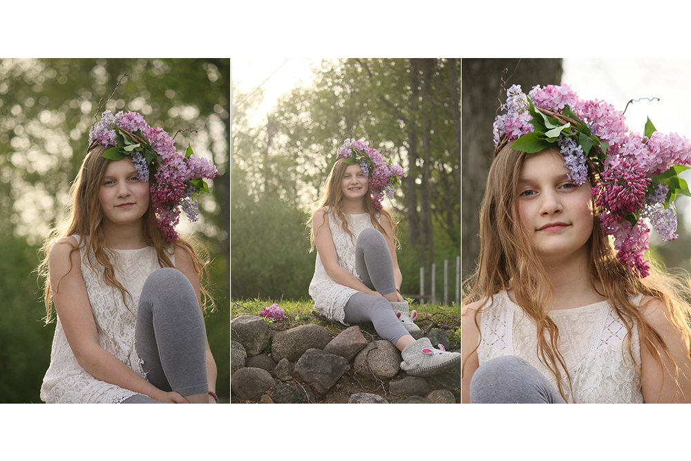 three photos of same young girl posing on hilly field with lilac flower crown in her hair