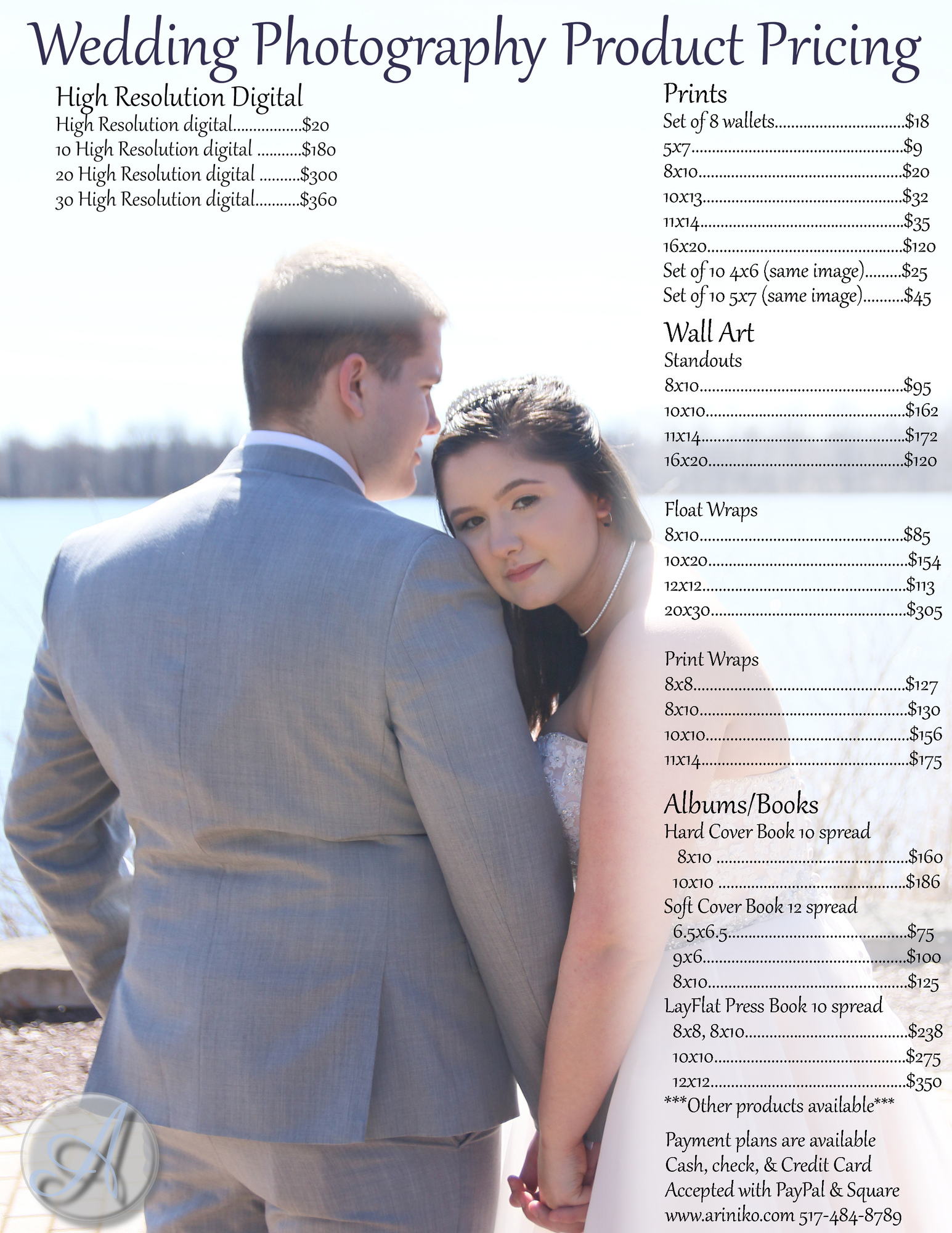 Wedding & Engagement Product Pricing Guide. A newly married couple pose near the lake. The groom is wearing a grey suit and has 