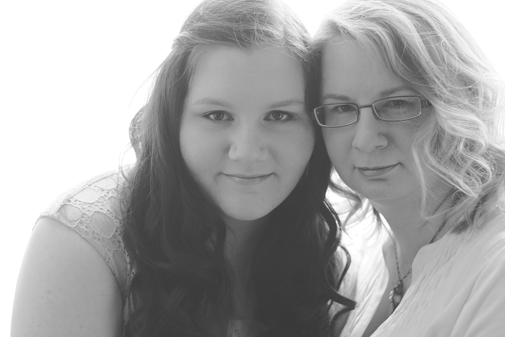 Black and white image of mother and daughter