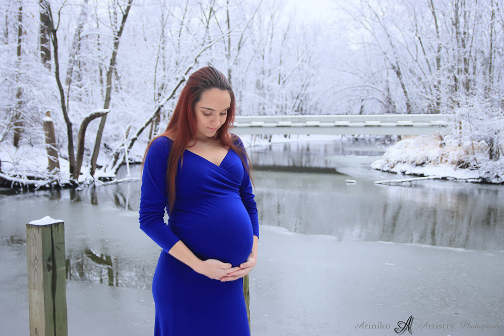 Young pregnant woman posing in a royal blue dress at Harris Nature Center in Okemos, Michigan
