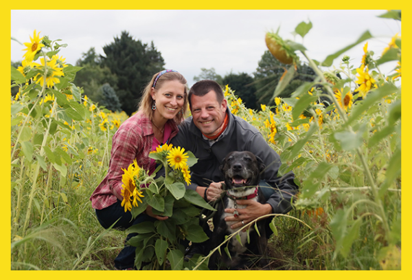 couple pose with their dog in the sunflower fields at Uncle John's Cider Mill in St. John's Michigan