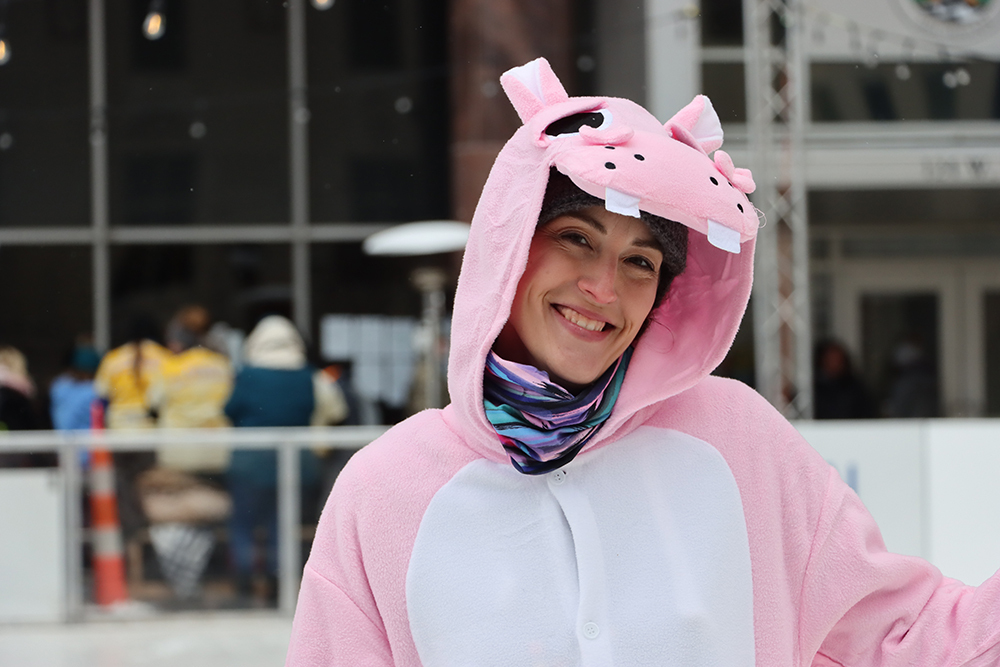 Downtown Lansing Inc Executive Director dressed at as a Hungry Hungry Hippo for Winterfest