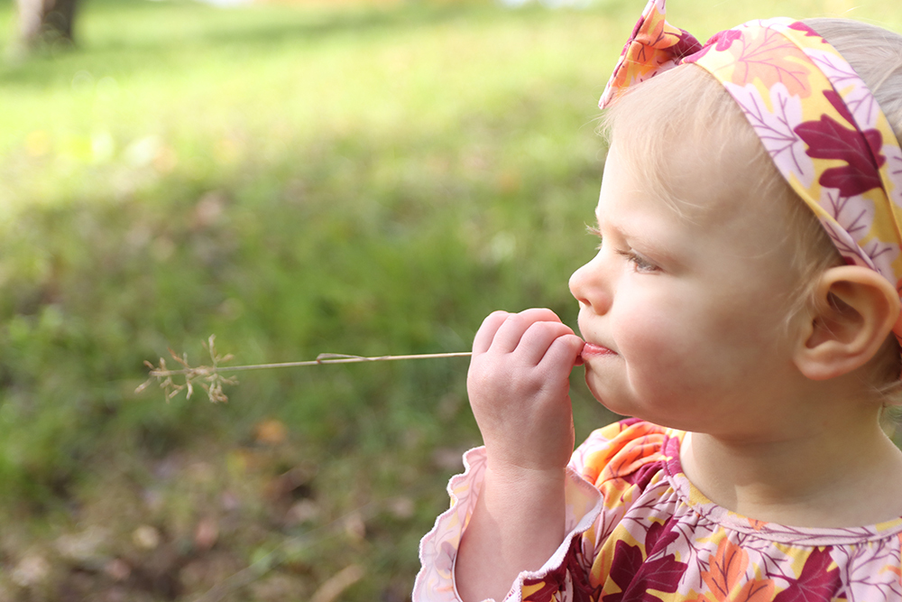 little girl playing with a piece of wheat in her mouth she is wearing a yellow floral dress